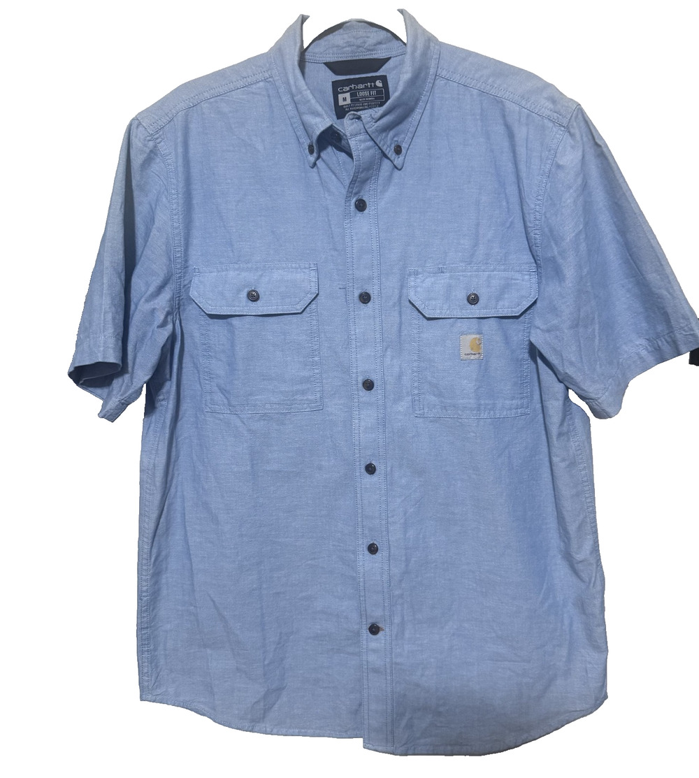 Carhartt Men’s M Loose Fit Short Sleeve Chambray Button Up Work Shirt denim blue